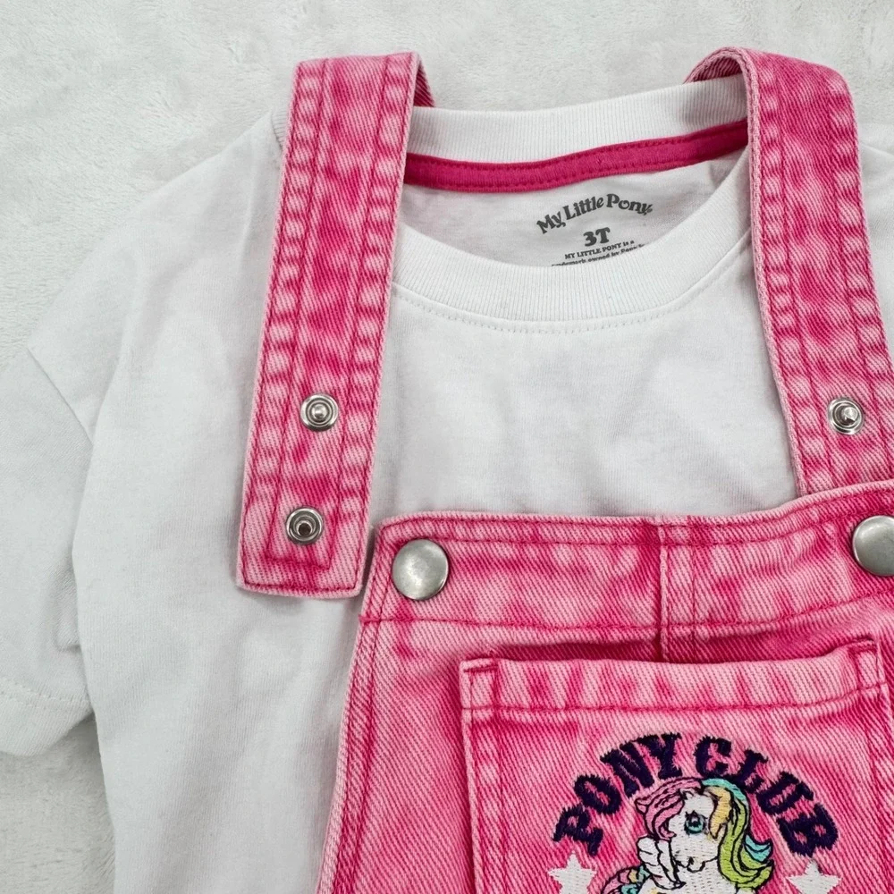 My Little Pony Overall Dress Jumper & Shirt Set Toddler 3T Pink Acid Wash Denim - Picture 2 of 11